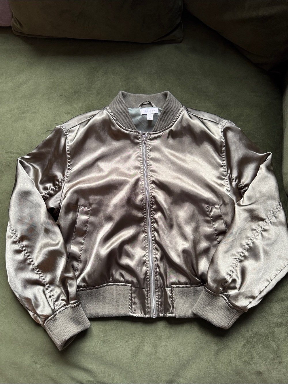 Topshop Metallic Olive Satin Bomber Jacket